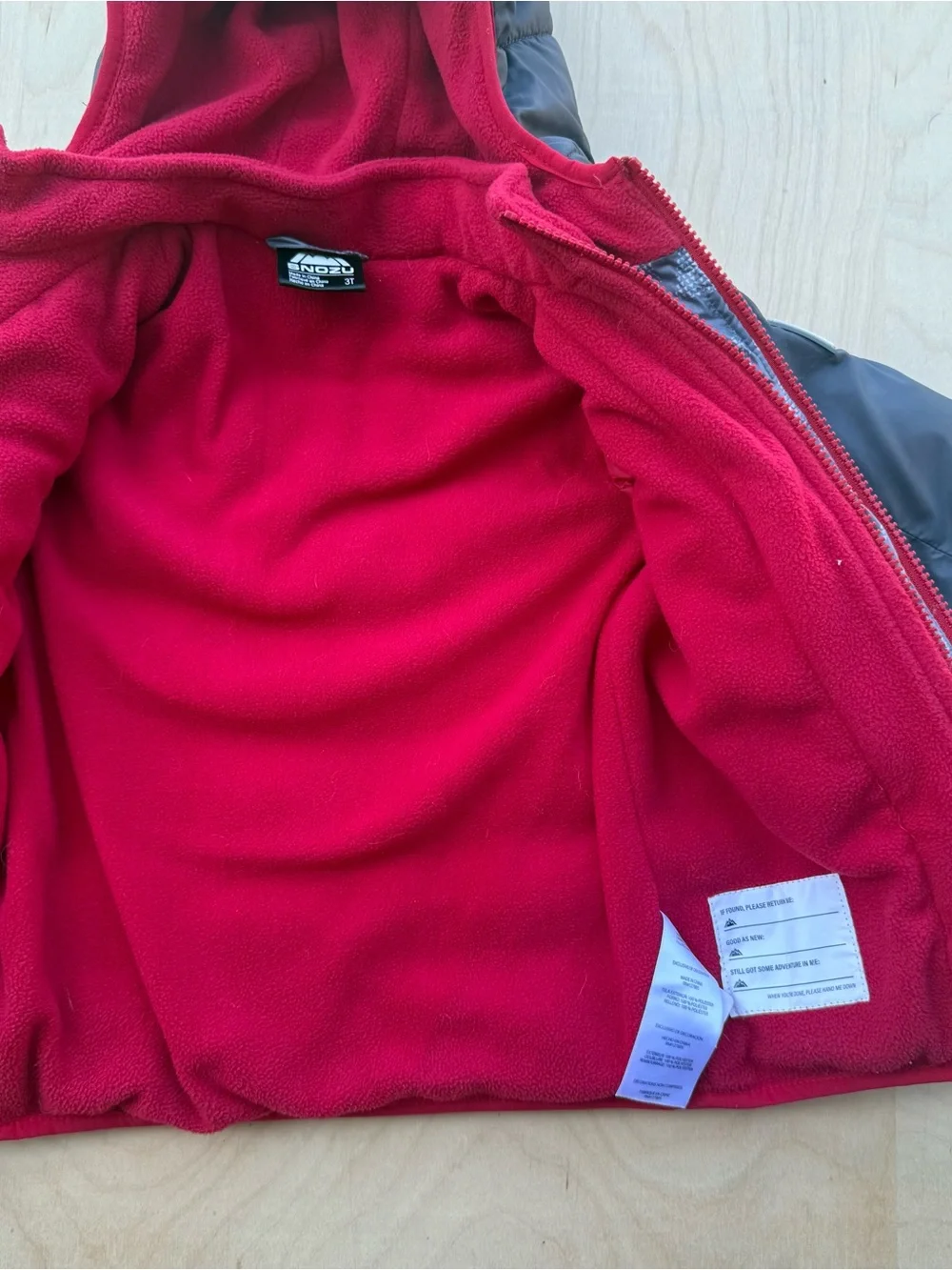 Snozu Toddler Boys Hooded Puffer Jacket Gray Red Fleece Lined Winter Coat 3T